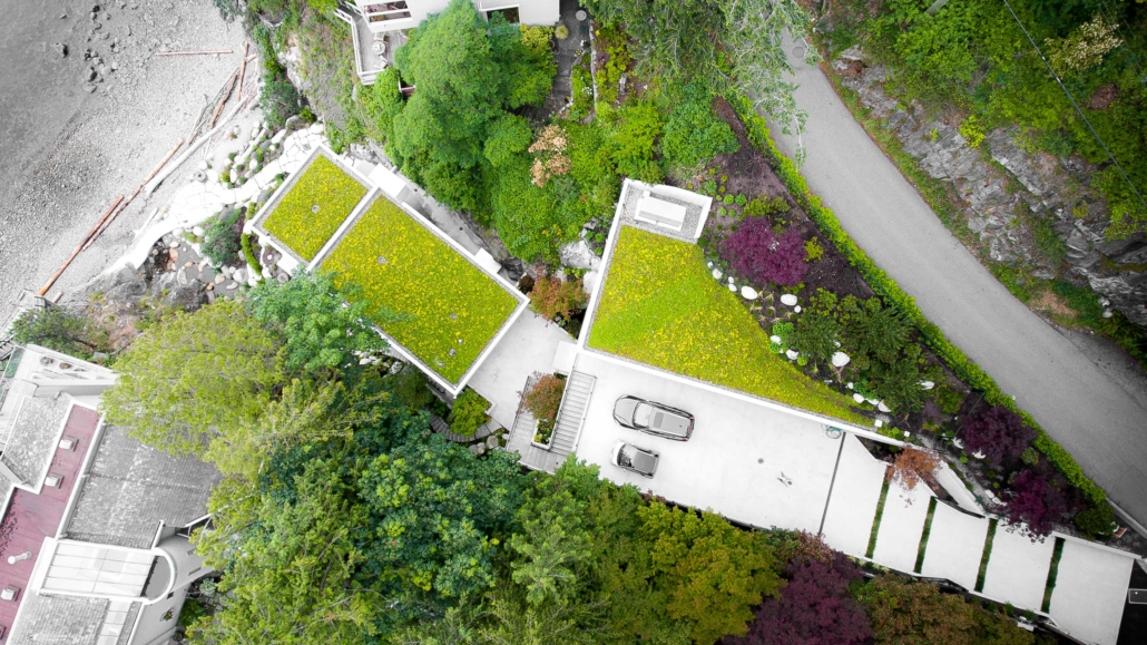 A Glen Eagles home with a green roof merging effortlessly into the surrounding landscape. 